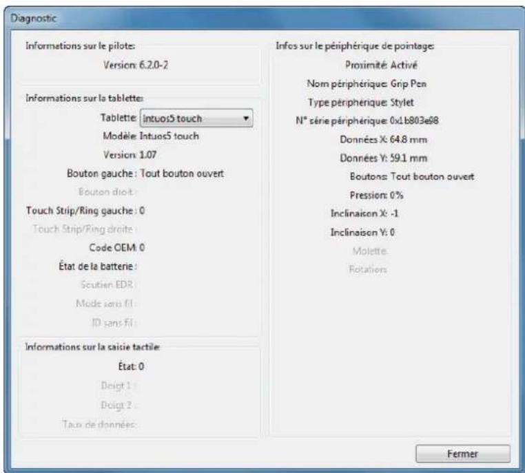 Diagnostic Informations sur le pilote: Version: 6.2.0-2 Informations sur la tablette: Tablette: Intuos5 touch Modèle: Intuos5 touch Version: 1.07 Bouton gauche : Tout bouton ouvert Bouton droit : Touch Strip/Ring gauche : 0 Touch Strip/Ring droite : Code OEM: 0 État de la batterie : Scoutien EDR Moide sans FI ID sans FI : Informations sur la caicie tactile: État: 0 Doigt 1 Doigt 2 Taux de données: Infos sur le périphérique de pointage: Proximité: Activé Nom périphérique: Grip Pen Type périphérique: Stylet N° série périphérique: 0x1b803e98 Données X: 64.8 mm Données Y: 59.1 mm Boutons: Tout bouton ouvert Pression: 0% Inclinaison X: -1 Inclinaison Y: 0 Molette: Rotations Fermer