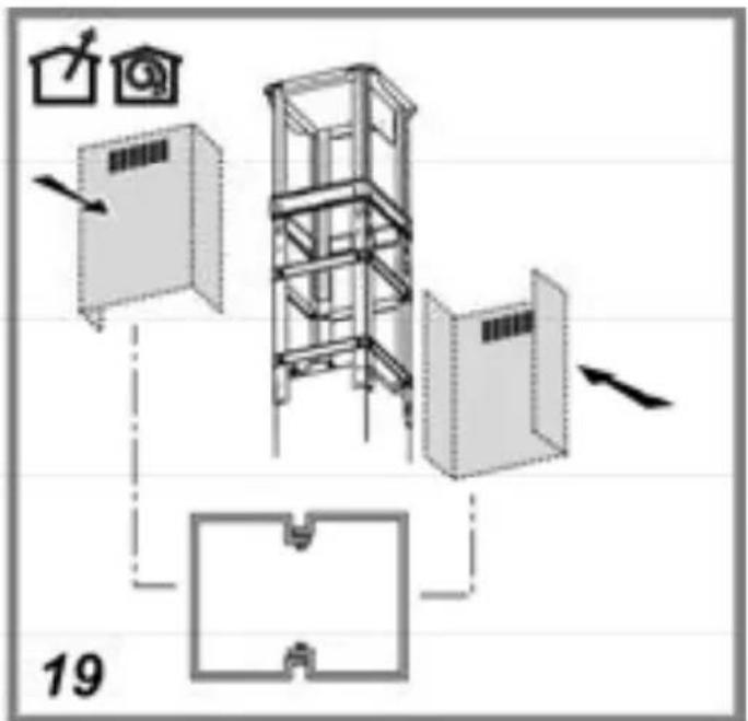 Diagram of a multi-level elevator system with labeled components and directional arrows, including a cabinet, elevator shaft, and floor plan.