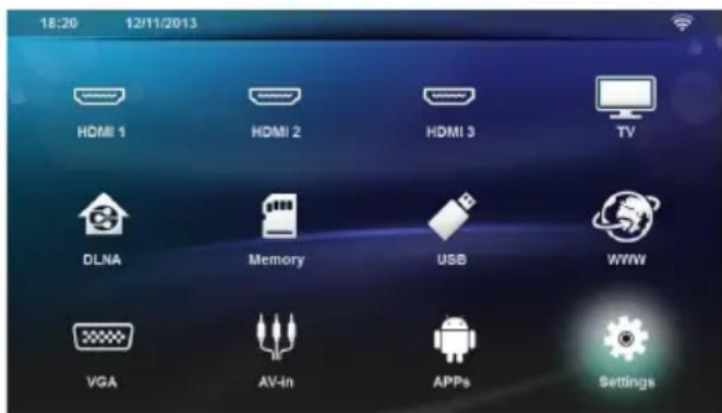 18:20 12/11/2013 HDMI 1 HDMI 2 HDMI 3 TV DLNA Memory USB WWW VGA AV-in APPs Settings