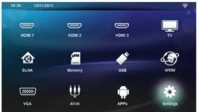 18:20 12/11/2013 HDMI 1 HDMI 2 HDMI 3 TV DLNA Memory USB WWW VGA AV-In APPs Settings