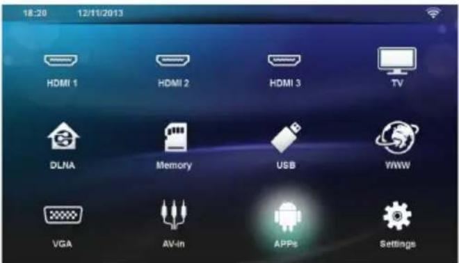 18:20 12/11/2013 HDMI 1 HDMI 2 HDMI 3 TV DLNA Memory USB YWW VGA AV-in APPs Settings