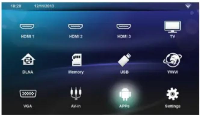 18:20 12/11/2013 HDMI 1 HDMI 2 HDMI 3 TV DLNA Memory USB YWW VGA AV-in APPs Settings