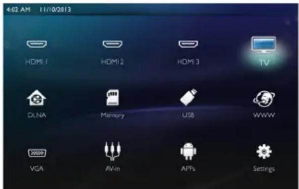 4:02 AM 11/10/2013 HDMI 1 HDM1 2 HDM 3 TV DLNA Memory USB WWW VGA AV-In APPs Settings