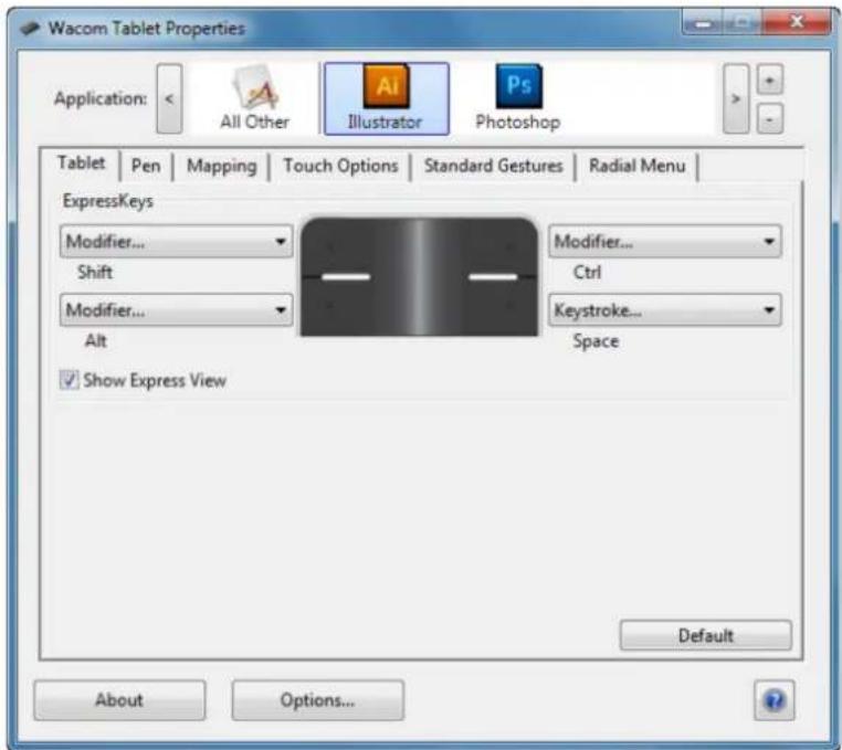 Wacom Tablet Properties Application: All Other Illustrator Photoshop Tablet | Pen | Mapping | Touch Options | Standard Gestures | Radial Menu | ExpressKeys Modifier... Shift Modifier... Alt Show Express View Modifier... Ctrl Keystroke... Space Default About Options...