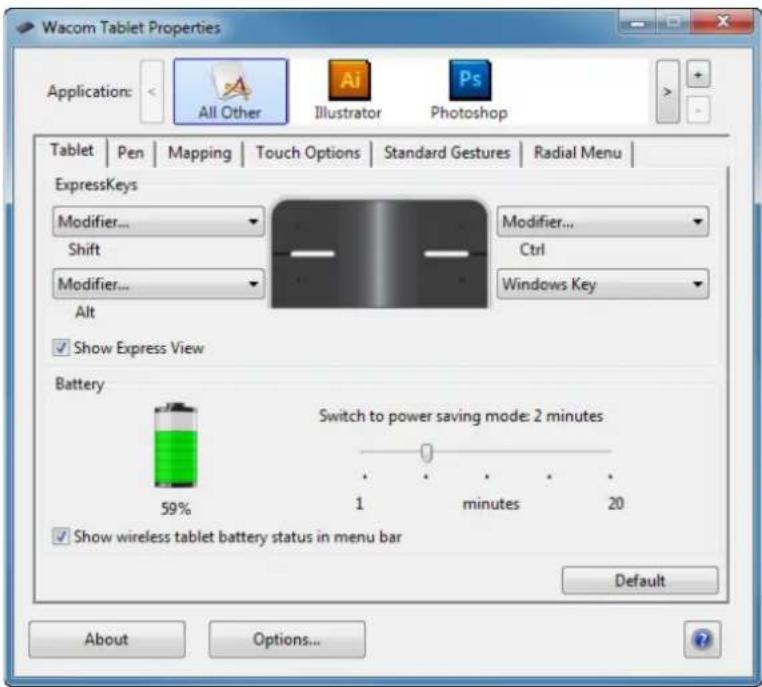 Wacom Tablet Properties Application: All Other Illustrator Photoshop Tablet | Pen | Mapping | Touch Options | Standard Gestures | Radial Menu | ExpressKeys Modifier... Shift Modifier... Alt Modify... Ctrl Windows Key Show Express View Battery Switch to power saving mode: 2 minutes 59% 1 minutes 20 S…