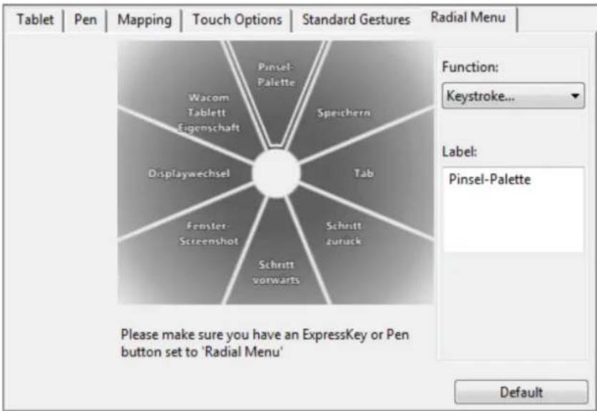 Tablet | Pen | Mapping | Touch Options | Standard Gestures | Radial Menu | Function: Keystroke... Label: Pinsel-Palette Wacom Tablett Eigenschaft Speichern Tab Displaywechsel Fenster- Screenshot Schritt zurück Schritt vorwarts Please make sure you have an ExpressKey or Pen button set to 'Radial Menu…