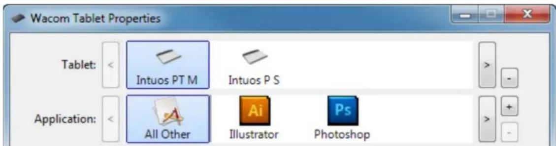 Wacom Tablet Properties Tablet: < Intuos PT M Intuos P S Application: < All Other Illustrator Photoshop