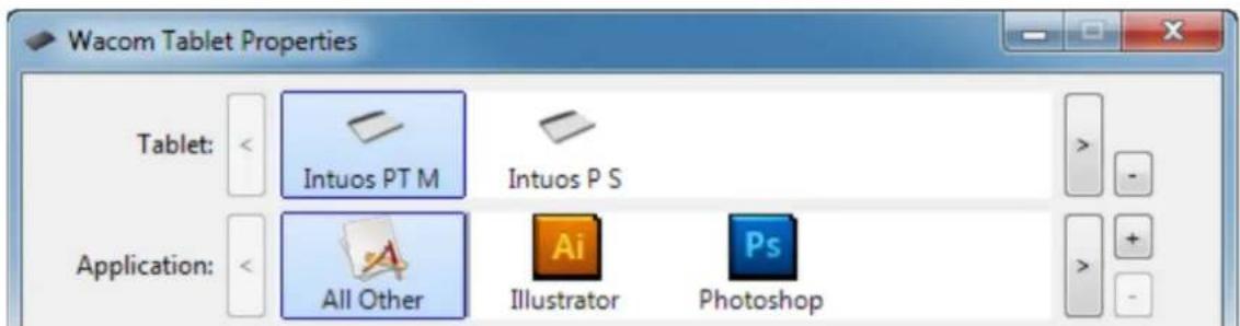 Wacom Tablet Properties Tablet: < Intuos PT M Intuos P S Application: < All Other Illustrator Photoshop