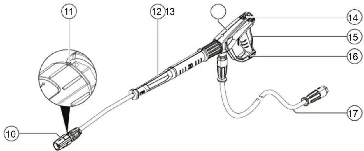 Technical diagram of a spray gun with numbered parts labeled 10 to 17, including a magnified inset showing internal components.