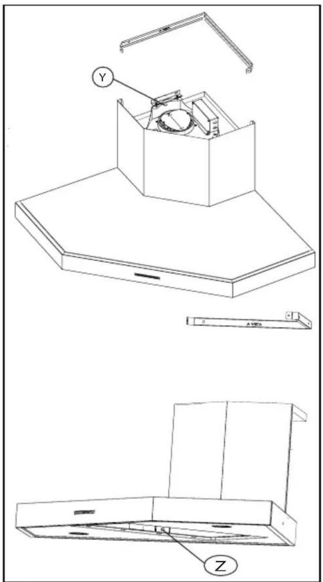 Technical diagram of a kitchen range hood with labeled components and assembly views