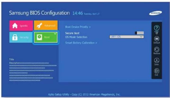Samsung BIOS Configuration 14:46 Tuesday, April 27 Symbols Advanced Security Root Boot Device Priority > Secure Boot DS Mode Selection UE1 OS Smart Battery Calibration > Title Description: Microsoft Windows NT Microsoft Windows NT Microsoft Windows NT Microsoft Windows NT Microsoft Windows NT Microsoft Windows NT Microsoft Windows NT Microsoft Windows NT Microsoft Windows NT Microsoft Windows NT Microsoft Windows NT Microsoft Windows NT Microsoft Windows NT Microsoft Windows NT Microsoft Windows NT Microsoft Windows NT Microsoft Windows NT Microsoft Windows NT Microsoft Windows NT Microsoft Windows NT Microsoft Windows NT Microsoft Windows NT Microsoft Windows NT Microsoft Windows NT Microsoft Windows NT Microsoft Windows NT