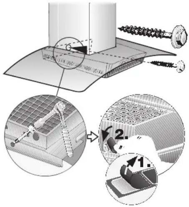 Technical diagram illustrating a mechanical assembly with labeled steps 1 and 2 showing components like bolts, springs, and a grid-patterned component.