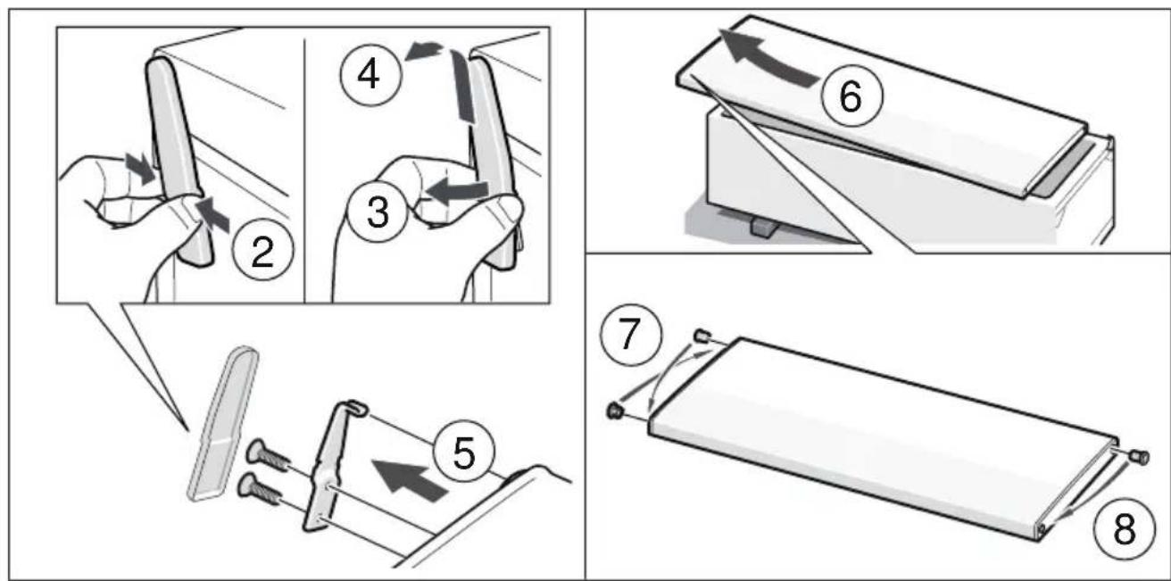 Diagram illustrating eight steps of a mechanical device operation, showing hand positioning and folding operations.