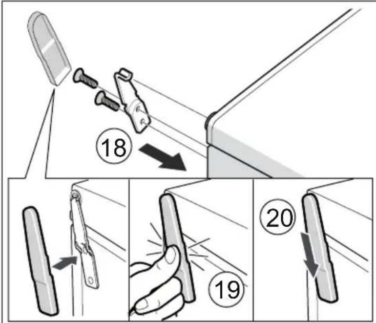 Diagram illustrating a door handle adjustment process with numbered steps and directional arrows indicating movement.