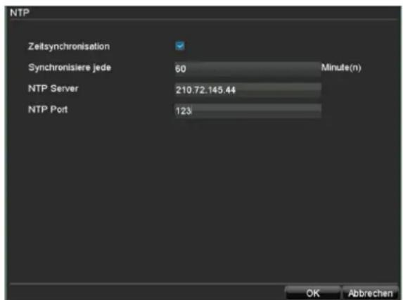 NTP Zeitsynchronisation Synchronisiere jede 60 Minute(n) NTP Server 210.72.145.44 NTP Port 123 OK Abbrechen