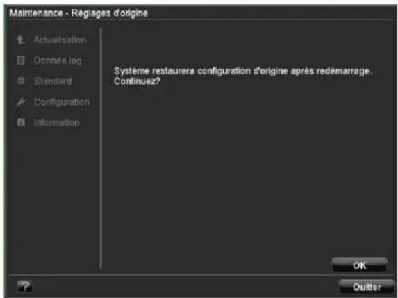 Maintenance - Régisages d'origine Actualisation Donnée log Standard Configuration Information Système restaurera configuration d'origine après redémarrage. Continuez? OK Quitter