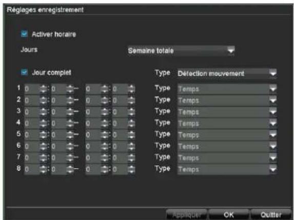 Régages enregistrement Adiver horaire Jours Semaine totale Jour complet Type Defection mouvement 1 0 0 0 0 2 0 0 0 0 3 0 0 0 0 4 0 0 0 0 5 0 0 0 0 6 0 0 0 0 7 0 0 0 0 8 0 0 0 0 Type Temps Type Temps Type Temps Type Temps Type Temps Type Temps Type Temps Appliquer OK Quitter