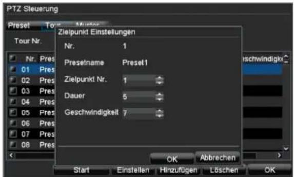 PTZ Steuerung Preset To Tour Nr. Nr. Pres 01 Pres 02 Pres 03 Pres 04 Pres 05 Pres 06 Pres 07 Pres 08 Pres Zielpunkt Einstellungen Nr. 1 Presetname Preset1 Zielpunkt Nr. 1 Dauer 5 Geschwindigkeit 7 Start Einstellen Hinzufügen Löschen OK Abbrechen OK