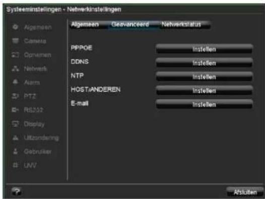 Systeeminstellungen - Netverkinstellingen Algemeen Geavanceerd Netverkstatus PPPOE Instellen DDNS Instellen NTP Instellen HOST/ANDEREN Instellen E-mail Instellen PS232 Display Uitzondering Gebruiker UVV Afsuiten
