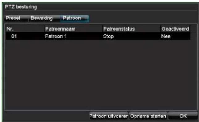 PTZ besturing Preset Bewaking Patroon Nr. Patroonnaam Patroonstatus Geactiveerd 01 Patroon 1 Stop Nee Patroon uitvoerer Opname starten OK