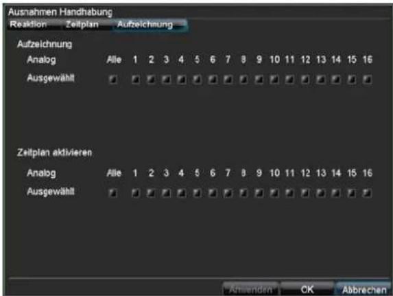Ausnahmen Handhabung Reaktion Zeitplan Aufzeichnung Aufzeichnung Analog Alle 1 2 3 4 5 6 7 8 9 10 11 12 13 14 15 16 Ausgewählt □ □ □ □ □ □ □ □ □ □ □ □ □ □ □ □ □ □ □ Zeitplan aktivieren Analog Alle 1 2 3 4 5 6 7 8 9 10 11 12 13 14 15 16 Ausgewählt □ □ □ □ □ □ □ □ □ □ □ □ □ □ □ □ □ □ □ Anlegenden OK Abbrachen