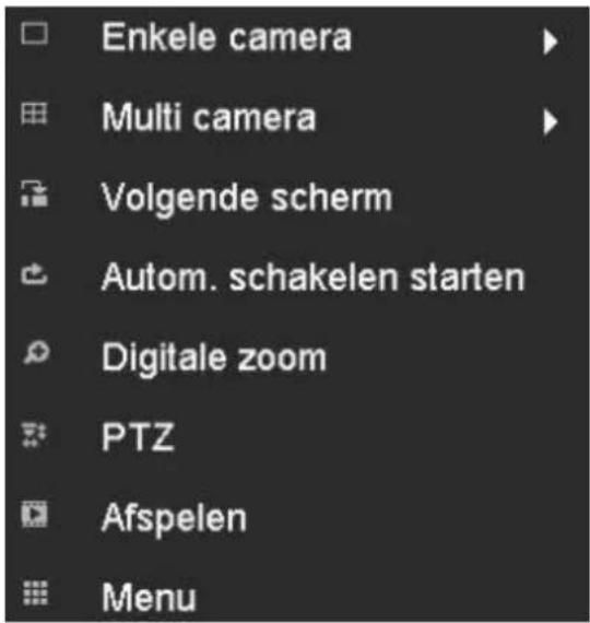 Enkele camera Multi camera Volgende scherm Autom. schakelen starten Digitale zoom PTZ Afspelen Menu