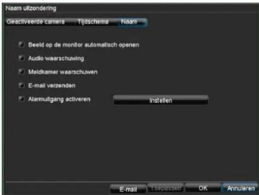 Naam uitzondering Geactiveerde camera Tijdschema Naam Beeld op de monitor automatisch openen Audio waarschuwing Meldkamer waarschuwen E-mail verzenden Alarmuitgang activeren Instellen E-mail 1000000 OK Annularen