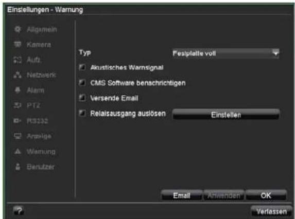 Einstellungen - Warnung Allgemein Kamera Aufs Netzwerk Alarm PTZ RS232 Anpige Warnung Benutzer Typ Festiplatte volt Akustisches Warnsignal CMS Software benschrichtigen Versende Email Relaisausgang auslösen Einstellen Email Anwenden OK Verlassen