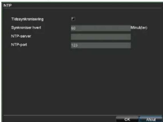 NTP Tidssynkronisering Synkroniser hvert 60 Minut(ter) NTP-server NTP-port 123 OK Aflut