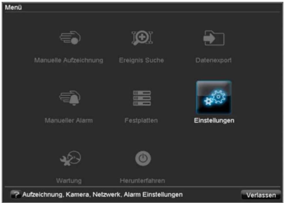 Menu Manuelle Aufzeichnung Ereignis Suche Datenexport Manueller Alarm Festplatten Einstellungen Wartung Herunterfahren ? Aufzeichnung, Kamera, Netzwerk, Alarm Einstellungen Verlassen
