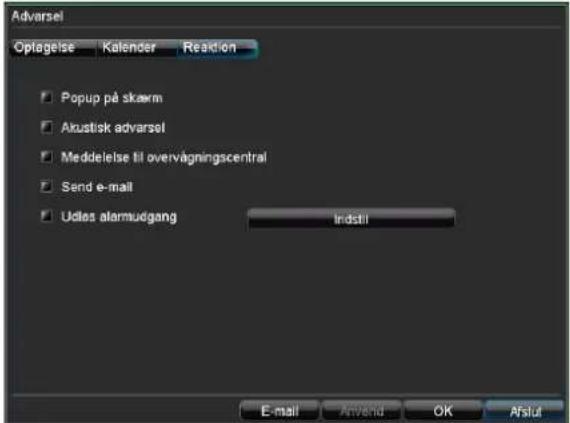 Advarsel Optagelse Kalender Reaction Popup på skærm Akustisk adversel Meddelelse til overvågningscentral Send e-mail Udløs alarmudgang Indstil E-mail Anvend OK Aflut