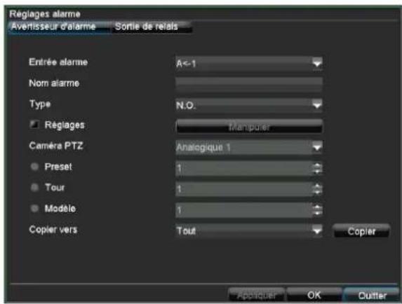 Régiages alarme Aventisseur d'alarme Sortie de relais Entrée alarme A<-1 Nom alarme Type N.O. Régiages Manipuler Caméra PTZ Analogique 1 Preset 1 Tour 1 Modèle 1 Copier vers Tout Copier Appliquer OK Cutler