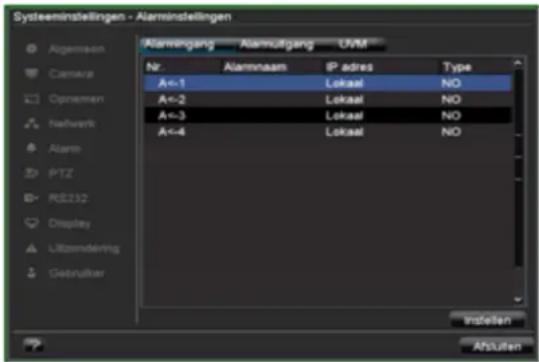Systeeninstellungen - Alarminstellungen Alamningang Alamnafgang UVM Nr. Alamnaam IP adres Type A+1 Lokaal NO A+2 Lokaal NO A+3 Lokaal NO A+4 Lokaal NO Alarm PTZ RS212 Display Uitzendering Gestruiter Instellen Absluten