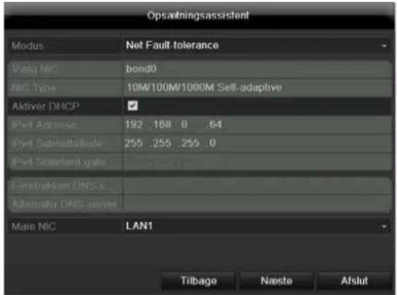 Opsattningsassistent Modus Net Fault tolerance Vary NIC bond0 NIC Type 10M/100M/1000M Sell-adaptive Aktiver DHCP ✓ iPort Adverse 192 168 0 .64 iPort Subretableide 255 255 255 0 iPort Strathem gate Eoretrokken DNS s Allemato DNS-server Main NIC LAN1 Tilbage Næste Afslut