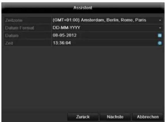 Assistent Zeitzone (GMT+01:00) Amsterdam, Berlin, Rome, Paris Datum Format DD-MM-YYYY Datum 08-05-2012 Zeit 13:36:04 Zuruck Nachste Abbrechen