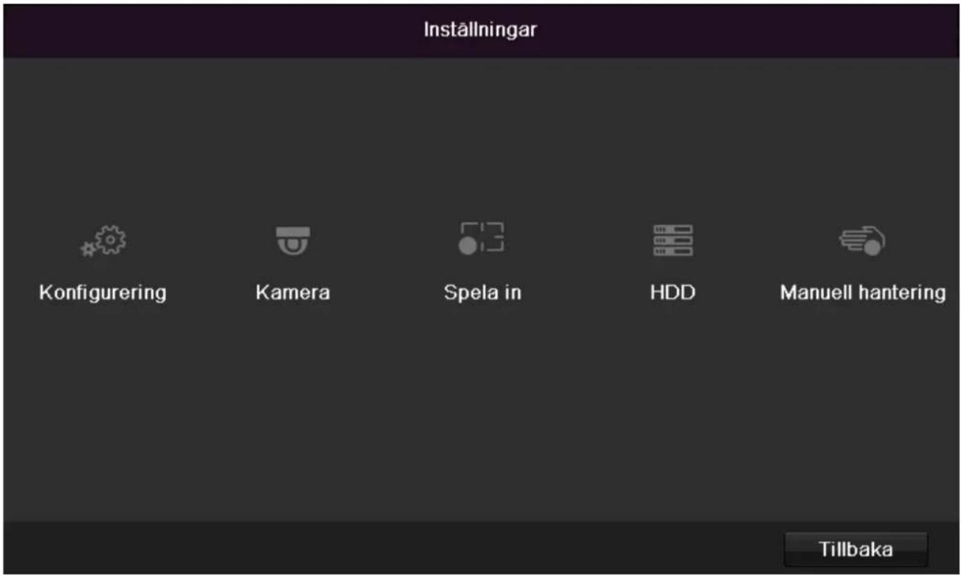 Instållningar Konfigurering Kamera Spela in HDD Manuell hantering Tillbaka