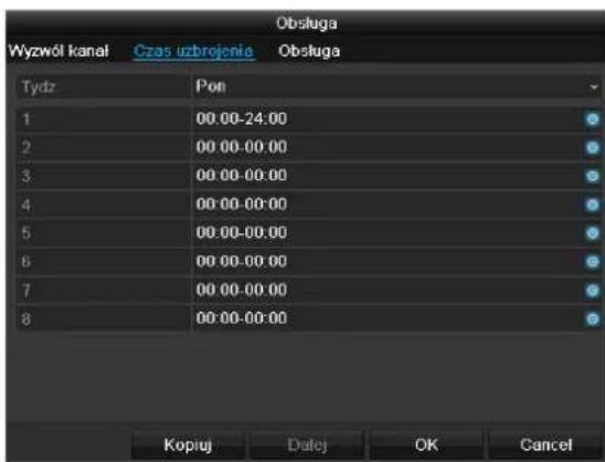 Wyzwól kanal Czas uzbrojenia Obsługa Tydz Pon 1 00.00-24:00 2 00.00-00:00 3 00.00-00:00 4 00.00-00:00 5 00.00-00:00 6 00.00-00:00 7 00.00-00:00 8 00.00-00:00 Kopruj Datej OK Cancel
