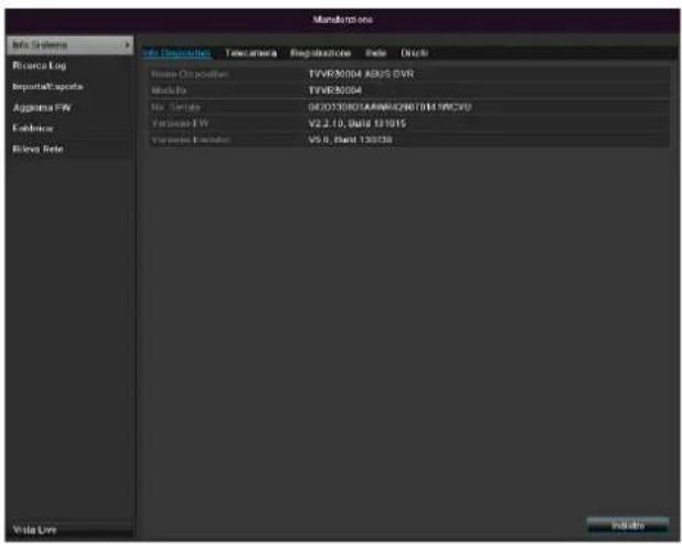 Manulipose Info Systems Recircia Log Importa/Reports Appetra FW Exchange Bling Date Info Disputation Telecamera Registrar Date Direct Base Options: TVVR0204 ADS DVIR Modify: TVVR0204 No. Serials: 041013001AANR642807015WCCV Performance FW: V2.2.10, Solid 131915 Performance Marker: V9.0, Solid 130336 Video Live Post-Date