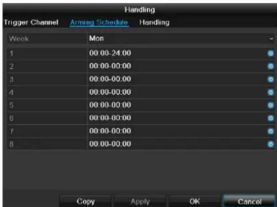 Trigger Channel Arming Schedule Handling Week Mon 1 00:00-24:00 2 00:00-00:00 3 00:00-00:00 4 00:00-00:00 5 00:00-00:00 6 00:00-00:00 7 00:00-00:00 8 00:00-00:00 Copy Apply OK Cancel