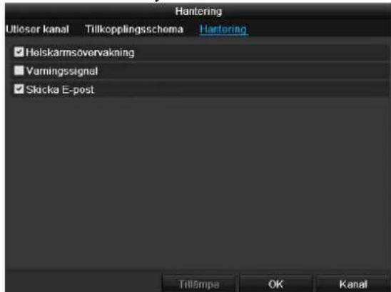 Hantering Utlesor kanal Tillkopplingsschema Hantering Helskarmsovervakning Varningssignal Sklicka E-post Tillampa OK Kanal