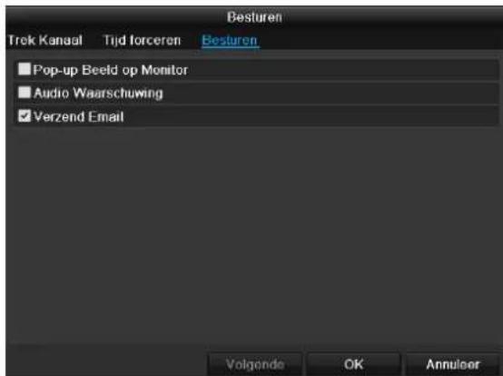 Besturen Trek Kanaal Tijd forceren Besturen ■ Pop-up Beeld op Monitor ■ Audio Waarschuwing ✓ Verzend Email Volgondo OK Annulcer