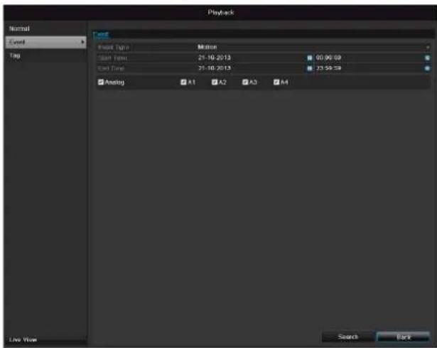 Playback Normal Level Top End Start Type: Motion Start Time: 21-10-2013 00:00:09 Start Time: 21-10-2013 23:59:19 Audio A1 A2 A3 A4 Live View Search Back