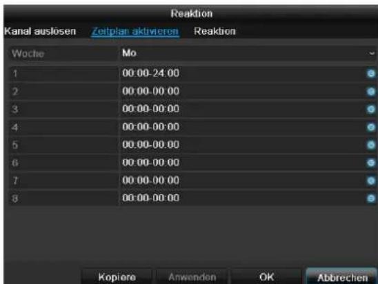 Kanal auslösen Zeitplan aktivieren Reaktion Woche Mo 1 00:00-24:00 2 00:00-00:00 3 00:00-00:00 4 00:00-00:00 5 00:00-00:00 6 00:00-00:00 7 00:00-00:00 8 00:00-00:00 Kopiere Anwenden OK Abbrechen