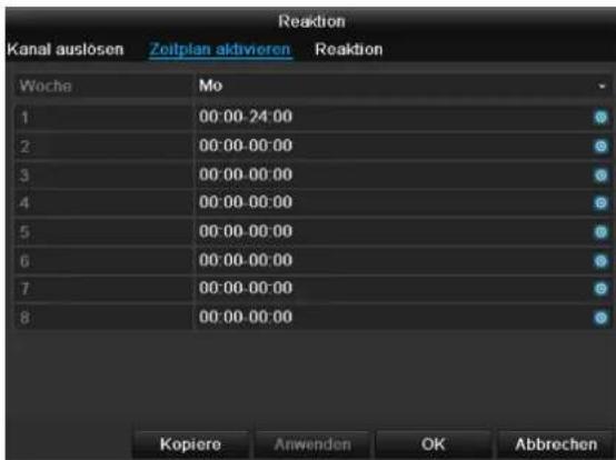 Reaktion Kanal auslosen Zeitplan aktivieren Reaktion Woche Mo 1 00:00-24:00 2 00:00-00:00 3 00:00-00:00 4 00:00-00:00 5 00:00-00:00 6 00:00-00:00 7 00:00-00:00 8 00:00-00:00 Kopiere Anwenden OK Abbrechen