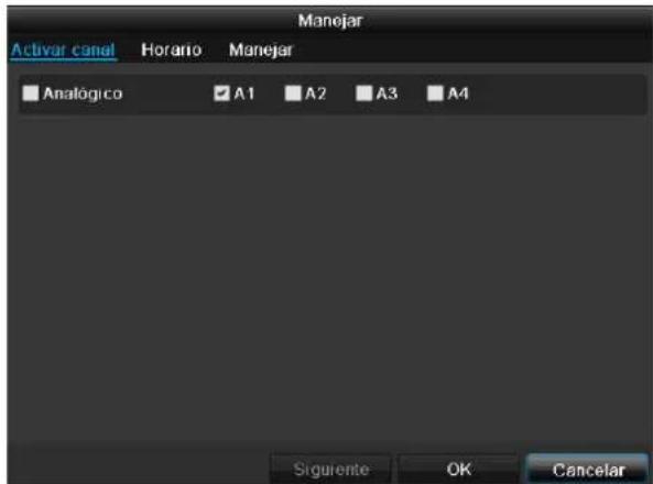 Manejar Activar canal Horario Manejar Analogico A1 A2 A3 A4 Siguiente OK Cancelar