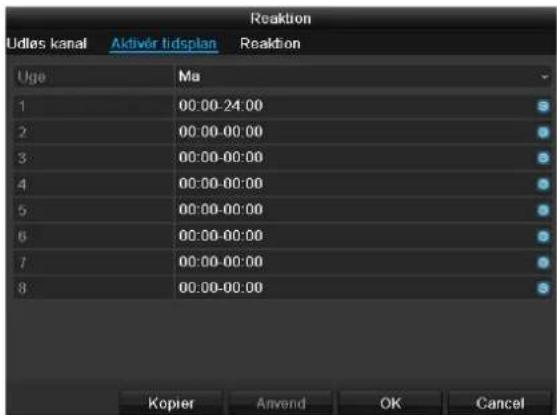 Udles kanal Aktivér tidsplan Reaktion Uge Ma 1 00:00-24:00 2 00:00-00:00 3 00:00-00:00 4 00:00-00:00 5 00:00-00:00 6 00:00-00:00 7 00:00-00:00 8 00:00-00:00 Kopier Anvend OK Cancel