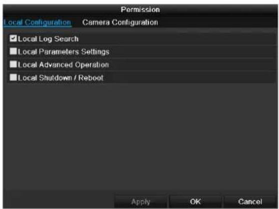 Permission Local Configuration Camera Configuration ✓ Local Log Search ■ Local Parameters Settings ■ Local Advanced Operation ■ Local Shutdown / Reboot Apply OK Cancel
