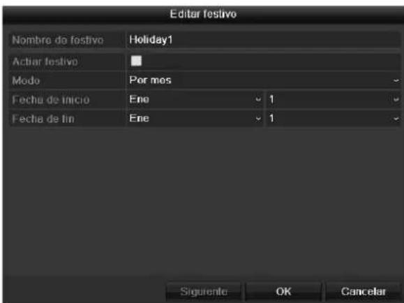 Editar festivo Nombre do festivo Holiday1 Actiar festivo Mode Por mes Fecha de inicio Ene 1 Fecha de fin Ene 1 Siguiente OK Cancelar