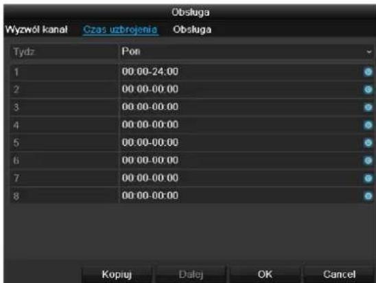 Wyzwól kanal Czas uzbrojenie Obsługa Tydz Pon 1 00:00-24:00 2 00:00-00:00 3 00:00-00:00 4 00:00-00:00 5 00:00-00:00 6 00:00-00:00 7 00:00-00:00 8 00:00-00:00 Kopiuj Datej OK Cancel