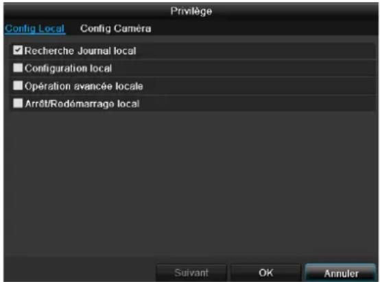 Privilège Config Local Config Caméra ✓ Recherche Journal local ■ Configuration local ■ Opération avancée locale ■ Arrêt/Redémarrage local Suivant OK Annuler